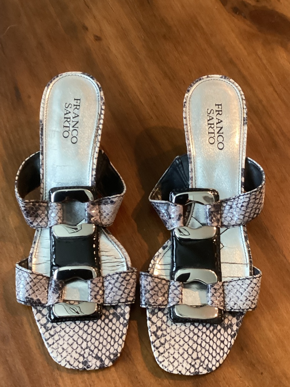 Franco Sarto Pink Snake-Print Slide Mules with Silver Buckles